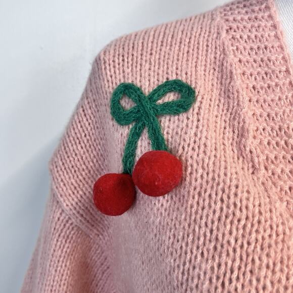 Luna Ivy Cardigan Sweater sz Small Pink Red Cherry Bow Knit Cozy Cottagecore - Picture 4 of 9